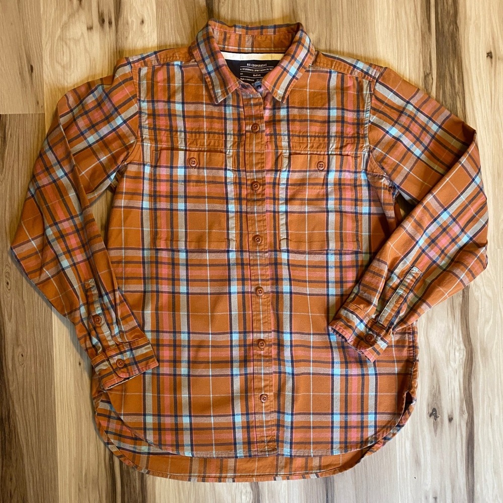 REI Co-op Wallace Lake Womens Orange Plaid Cotton Flannel Shirt Medium 192432